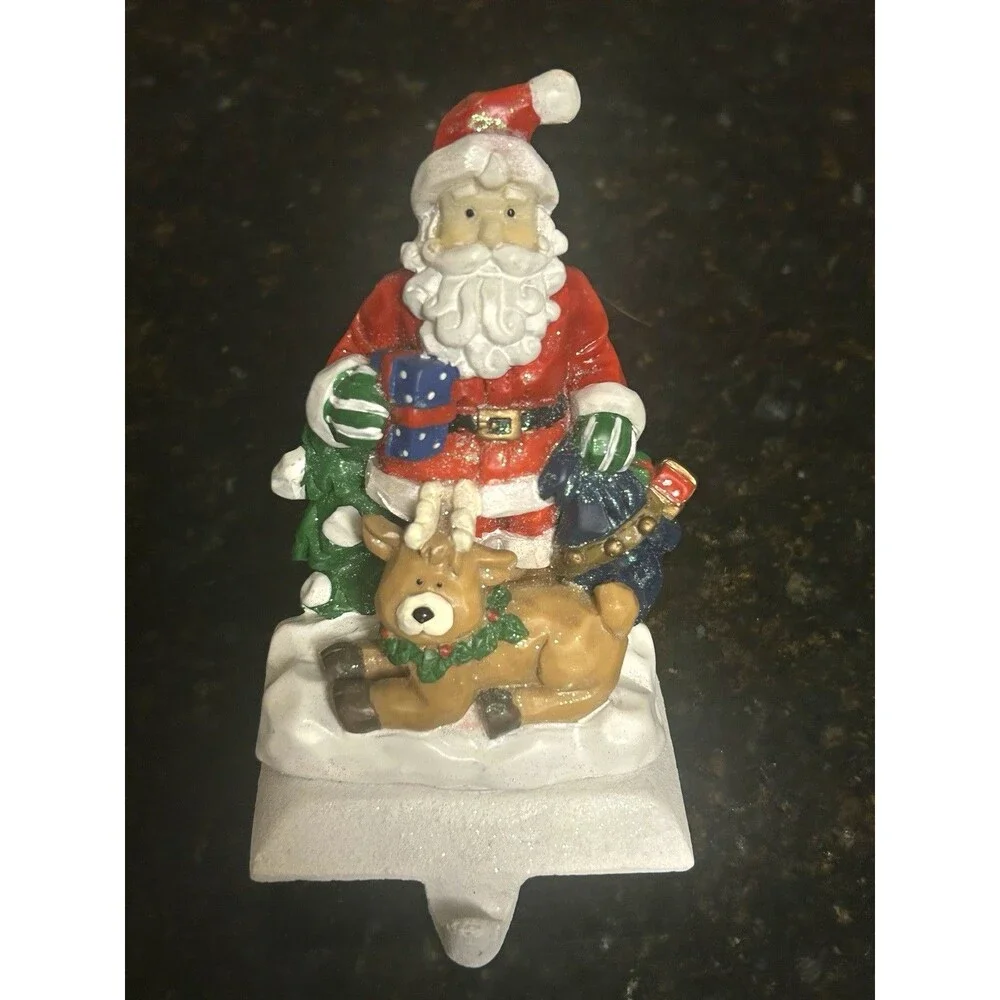 Santa Claus Christmas Stocking Hanger Holder w/Reindeer Holiday Mantel Decor